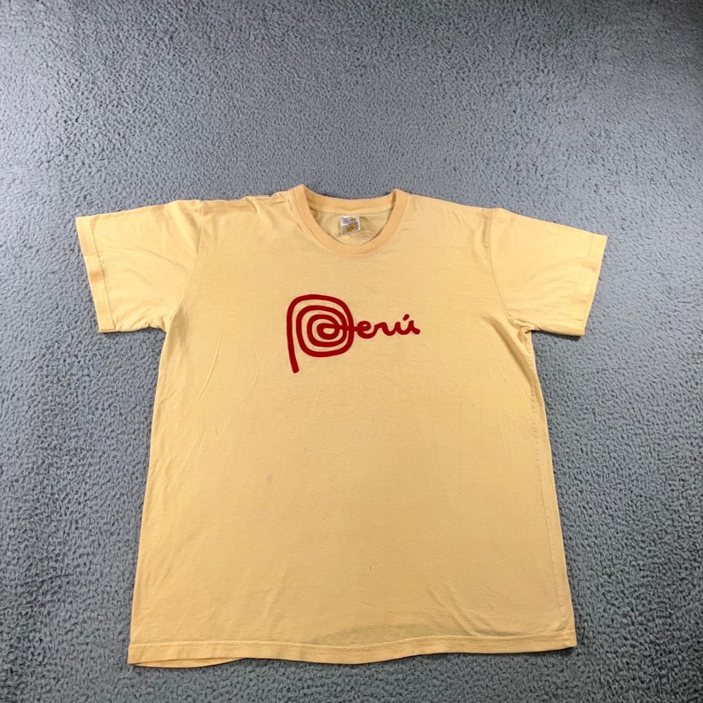 Nueva Linea T-Shirt Men XL Peru Graphic Spiral Logo Yellow Retro Eclectic Travel